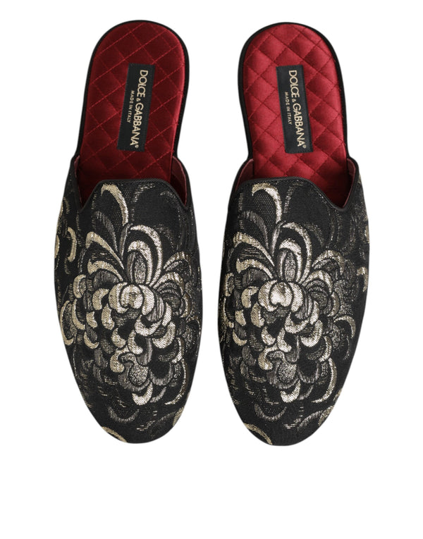 Black Floral Jacquard Slides Slippers Shoes