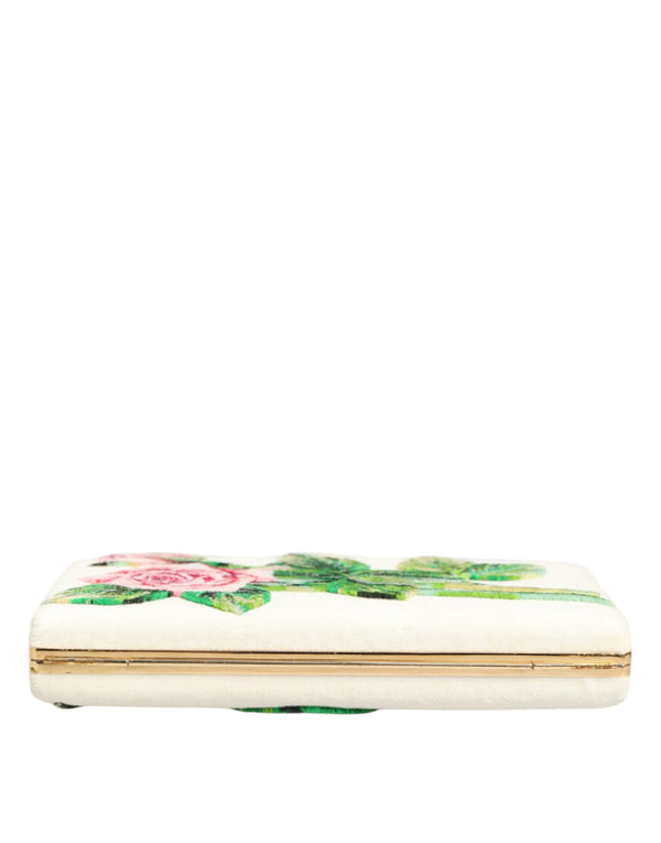 White Rose Embroidery Silk Gold Frame Clutch Purse Bag