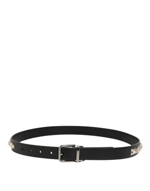 Black Leather Studded Silver-Tone Buckle Belt
