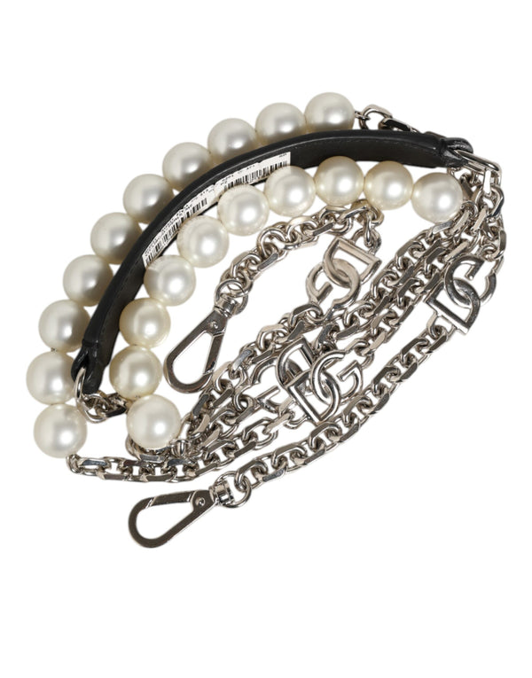 Black Leather Pearl Chain Bag Accessory Shoulder Strap
