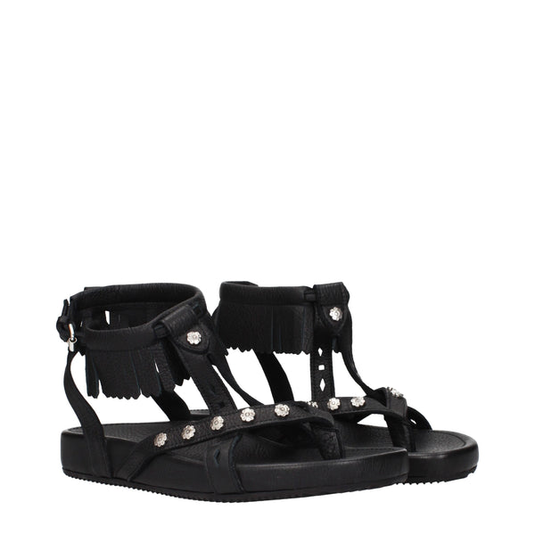 Black Leather Flat Sandals