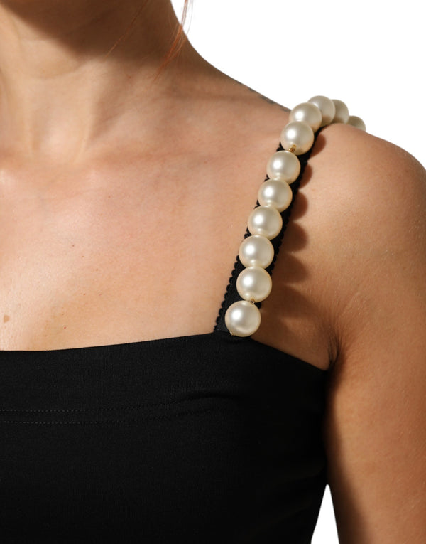 Black Faux Pearl Cotton Sheath Mini Dress