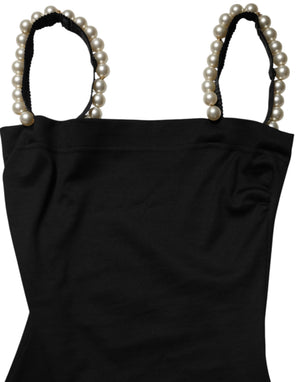 Black Faux Pearl Cotton Sheath Mini Dress