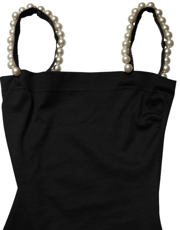 Black Faux Pearl Cotton Sheath Mini Dress