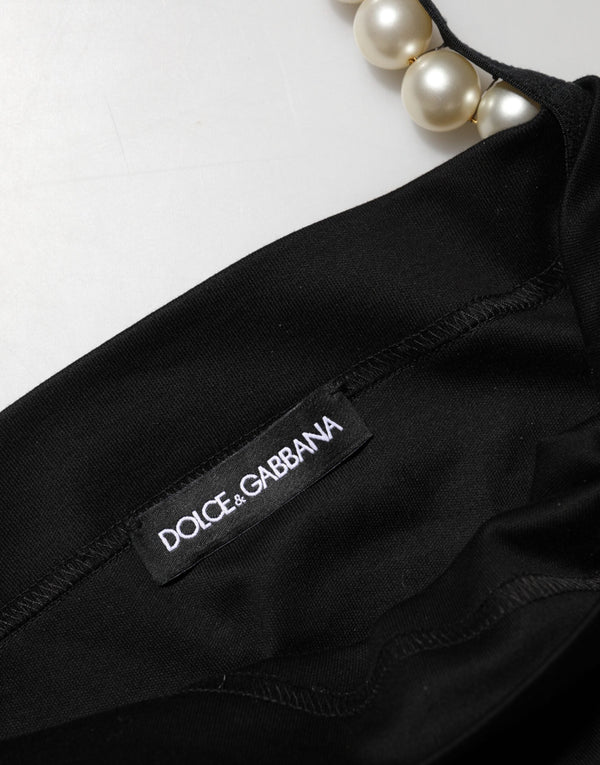 Black Faux Pearl Cotton Sheath Mini Dress