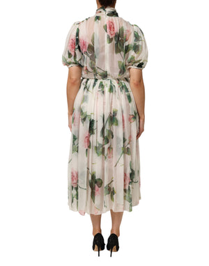 White Floral Print Silk Pleated Midi Dress