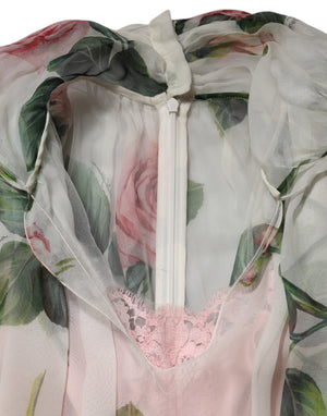 White Floral Print Silk Pleated Midi Dress