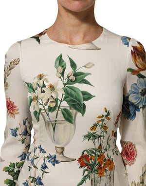 White Flower Vase Silk Sheath Midi Dress