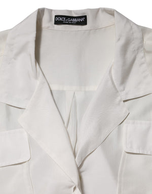 Off White Silk Button Down Polo Shirt Top