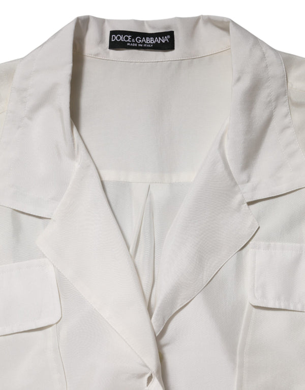 Off White Silk Button Down Polo Shirt Top