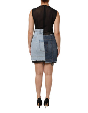 Blue Nylon Patchwork Denim Sheath Mini Dress