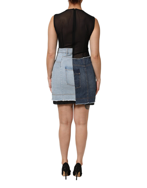Blue Nylon Patchwork Denim Sheath Mini Dress