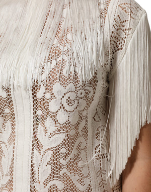 White Floral Lace Fringe Knee Length Dress