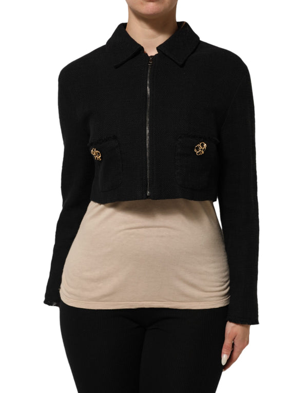 Black Cotton Full Zip Cropped Coat Jacket