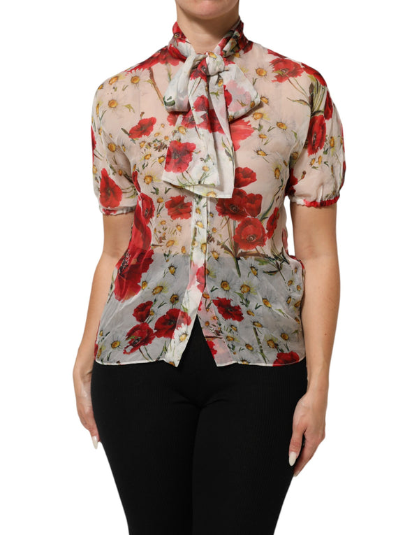 White Floral Tie-Neck Poppy Print Blouse Top