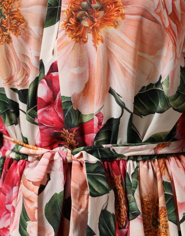Pink Floral Printed Silk Ruffled Blouse Top
