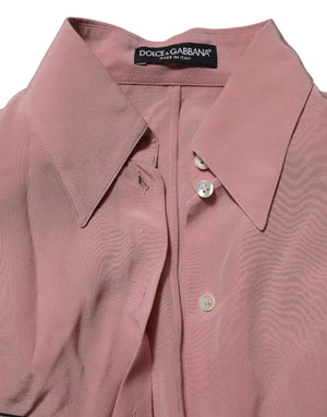 Pink Silk Collared Long Sleeves Blouse Top