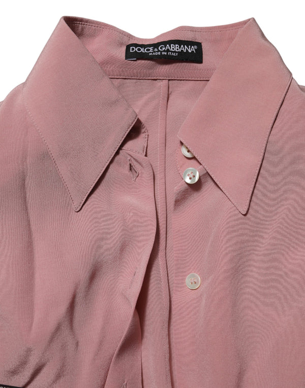 Pink Silk Collared Long Sleeves Blouse Top