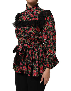 Black Floral Print Long Sleeve Blouse Top