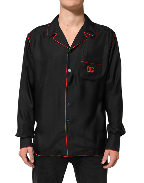 Black Red Contrast Trim Silk Casual Shirt