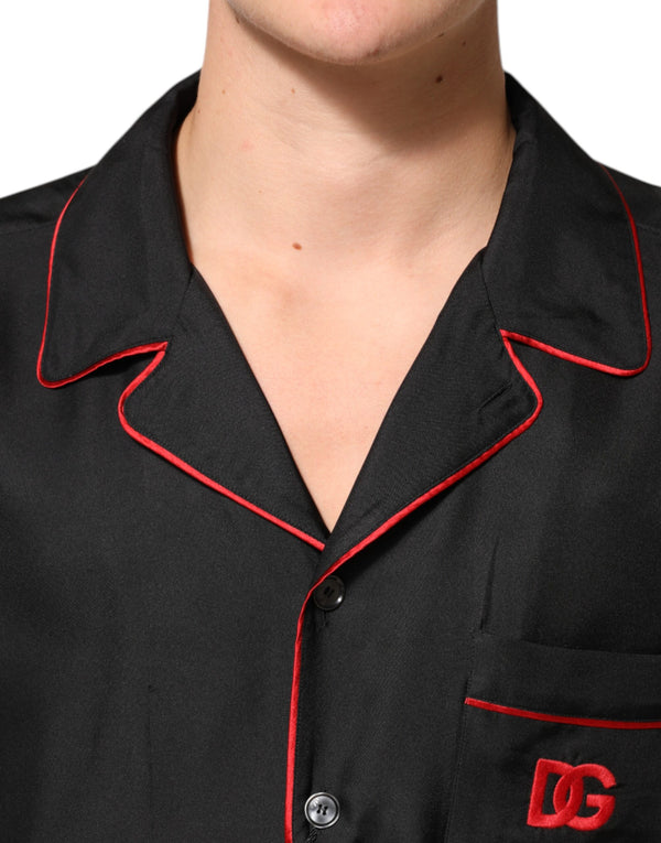 Black Red Contrast Trim Silk Casual Shirt