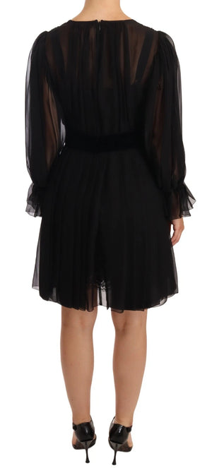 Black Silk Tulle Long Sleeve V-neck Dress