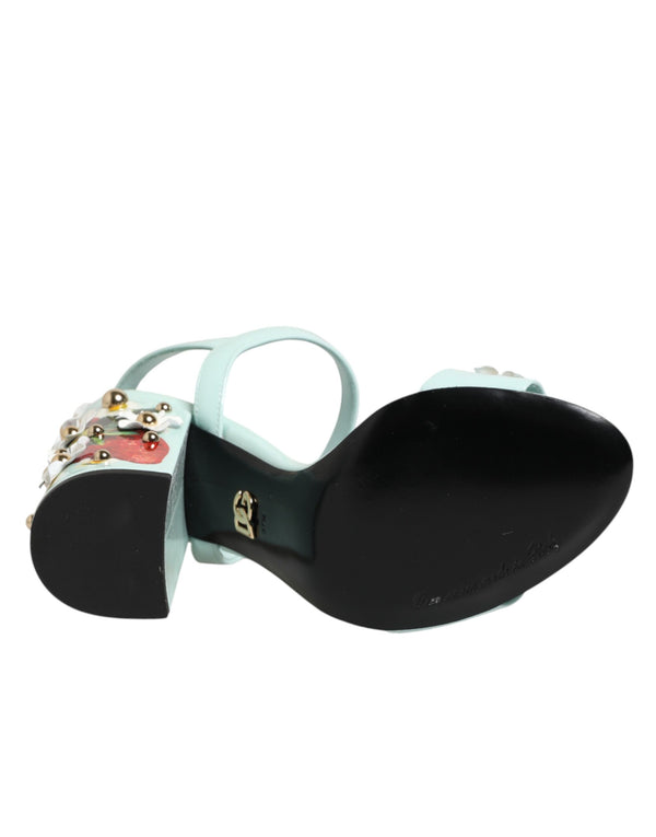 Mint Green Floral Studs Heels Sandals Shoes