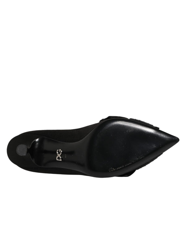 Black Satin Bow Crystal Embellishment Pumps Shoes