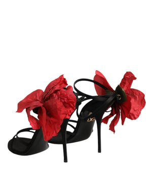 Black Leather Strappy Flower Heels Sandals  Shoes