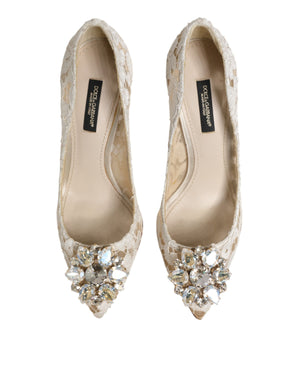 White Taormina Lace Crystal Heel Pumps Shoes