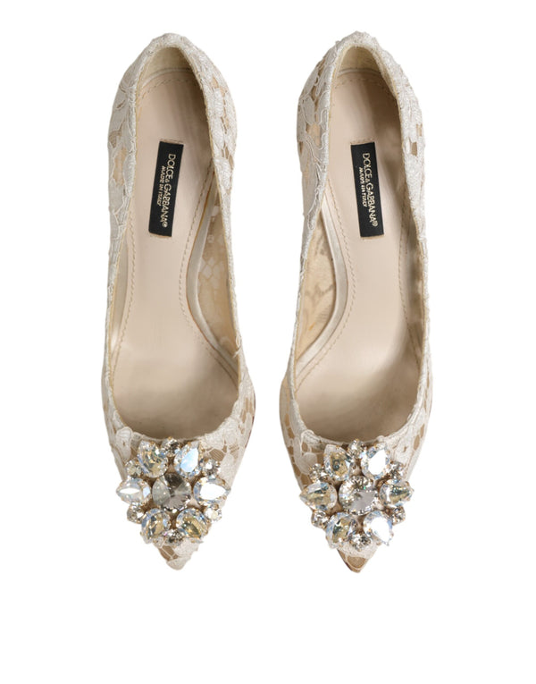 White Taormina Lace Crystal Heel Pumps Shoes
