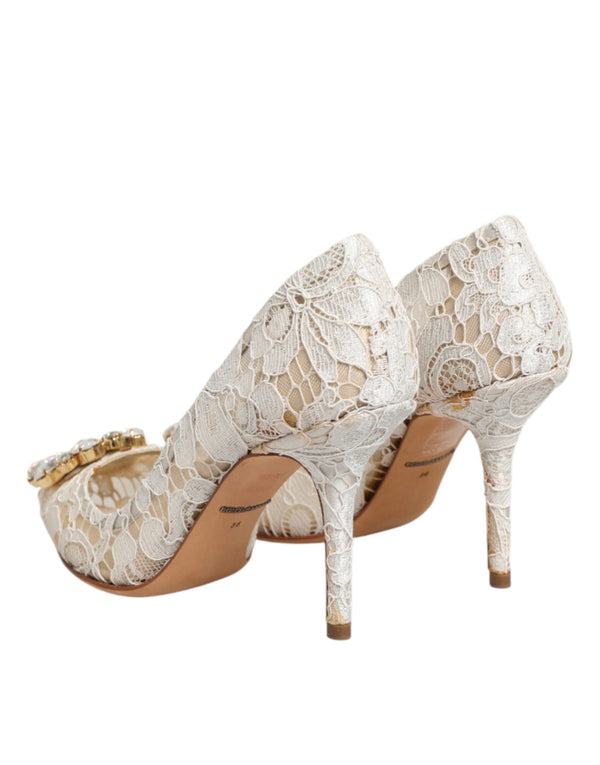 White Taormina Lace Crystal Heel Pumps Shoes
