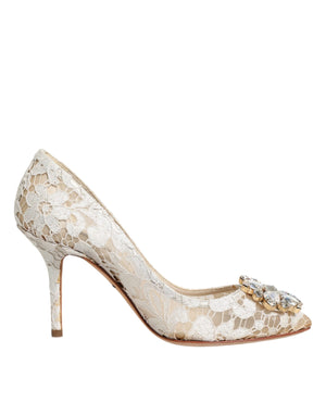 White Taormina Lace Crystal Heel Pumps Shoes