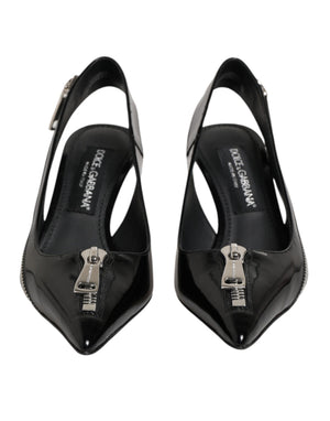 Black Zipper Leather Heels Slingbacks Shoes