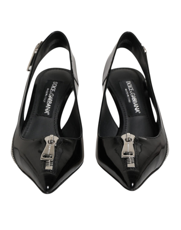 Black Zipper Leather Heels Slingbacks Shoes