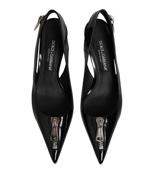 Black Zipper Leather Heels Slingbacks Shoes