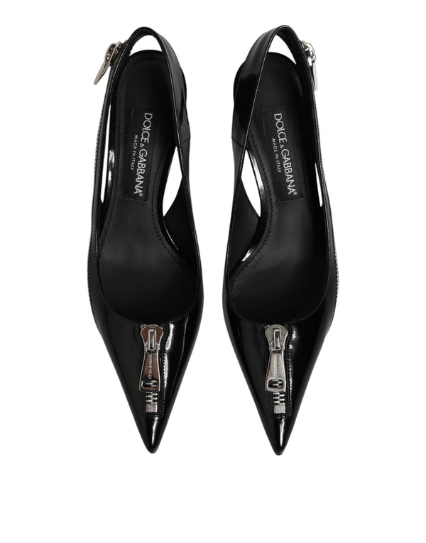 Black Zipper Leather Heels Slingbacks Shoes