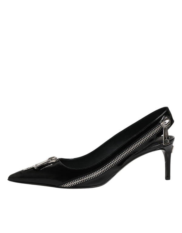Black Zipper Leather Heels Slingbacks Shoes