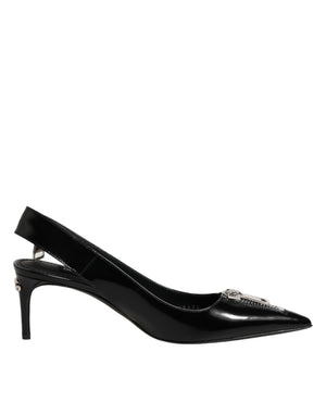 Black Zipper Leather Heels Slingbacks Shoes