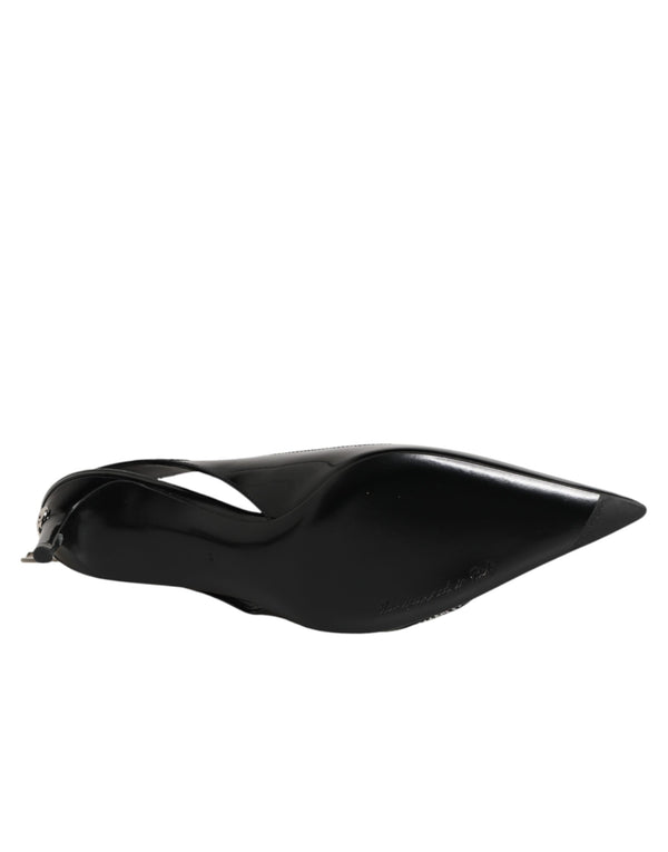 Black Zipper Leather Heels Slingbacks Shoes