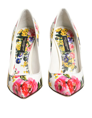 White Floral Leather High Heels Pumps Shoes