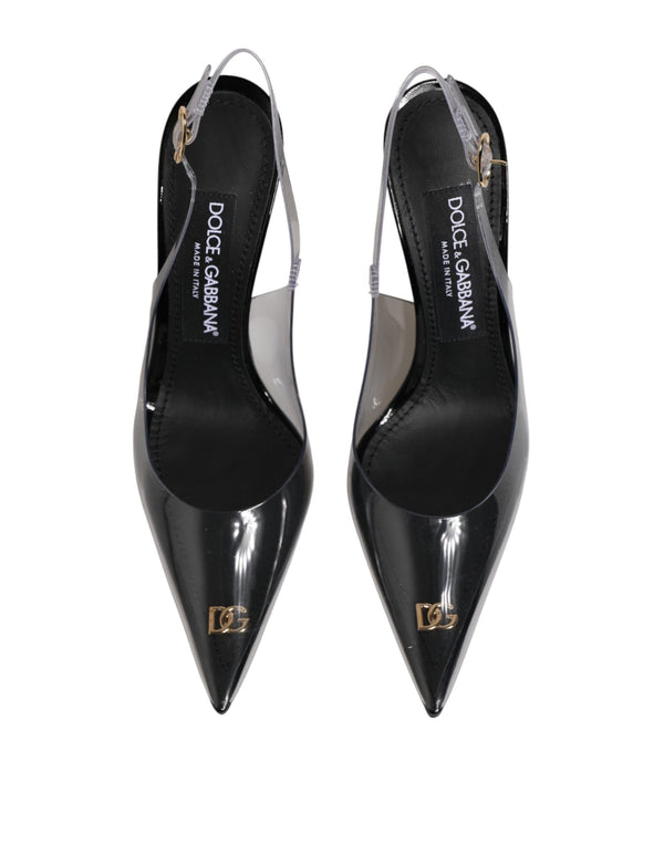 Black Leather Clear PVC Slingback Pumps Shoes