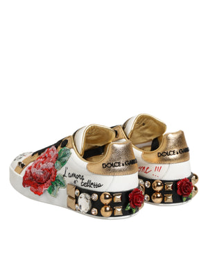 White Leather Floral Studded Sneakers Shoes
