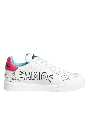 White Leather Graffiti Low Top Sneakers Shoes