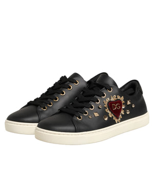 Black Leather Sacred Heart Sneakers Shoes
