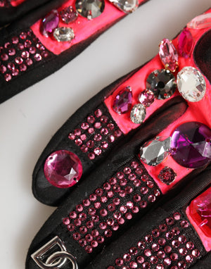 Black Pink Crystal Wrist Length Mitten Gloves