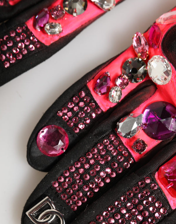 Black Pink Crystal Wrist Length Mitten Gloves