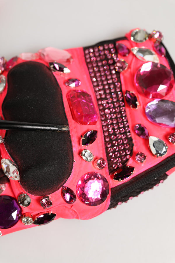 Black Pink Crystal Wrist Length Mitten Gloves