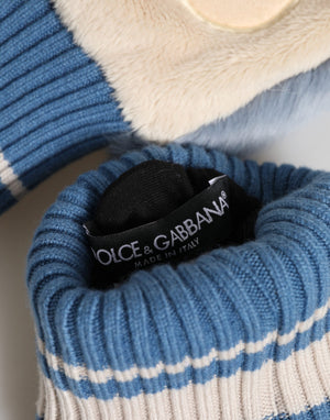 Blue Acrylic Knitted Fur Wrist Mitten Gloves