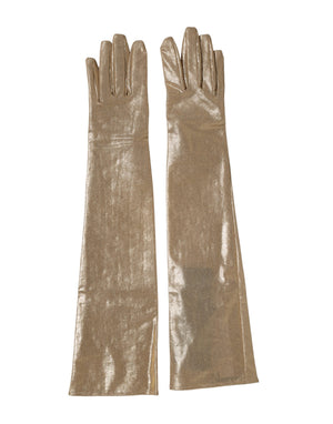 Beige Nylon Long Elbow Length Mitten Gloves